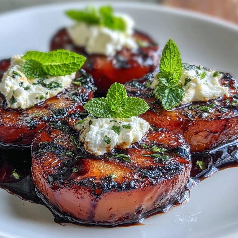 Warm grilled plums with goat cheese and balsamic drizzle served as a light appetizer.