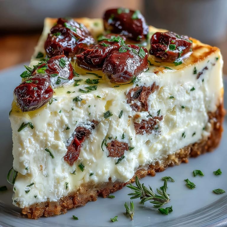 A slice of Kalamata cheesecake appetizer reveals creamy filling and crumbly crust, drizzled with olive oil.