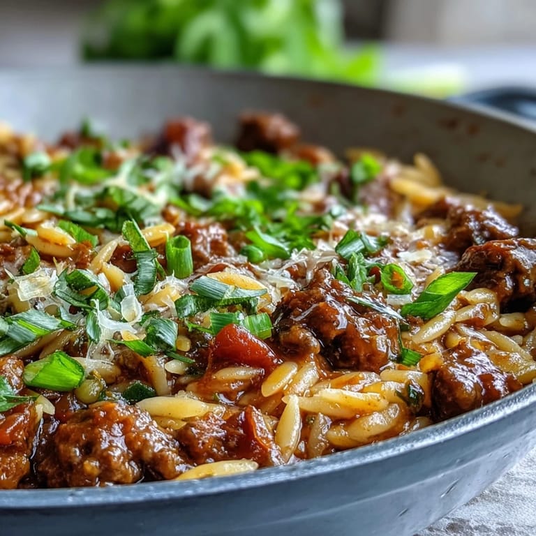 Steam rises from this savory Comforting Ground Beef Orzo Dinner, featuring red bell peppers and tender orzo.