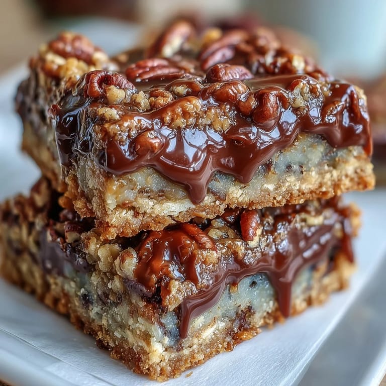 Freshly baked Decadent Sweet and Chewy Turtle Bars with a buttery crumb topping and rich chocolate chips served on a plate.