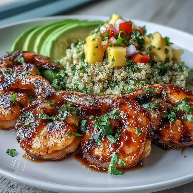 This beautiful bowl showcases smoky grilled shrimp, creamy avocado halves, and vibrant mango salsa over quinoa, finished with a drizzle of zesty lime chili sauce.