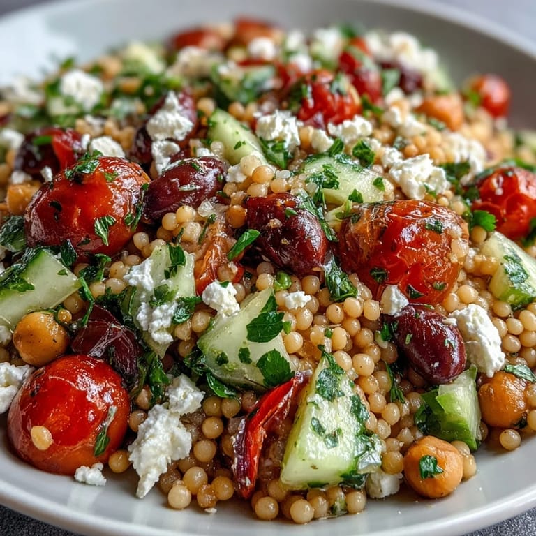 Colorful Mediterranean Pearl Couscous with crunchy cucumber, red bell pepper, and parsley, drizzled with oregano vinaigrette for a fresh lunch.