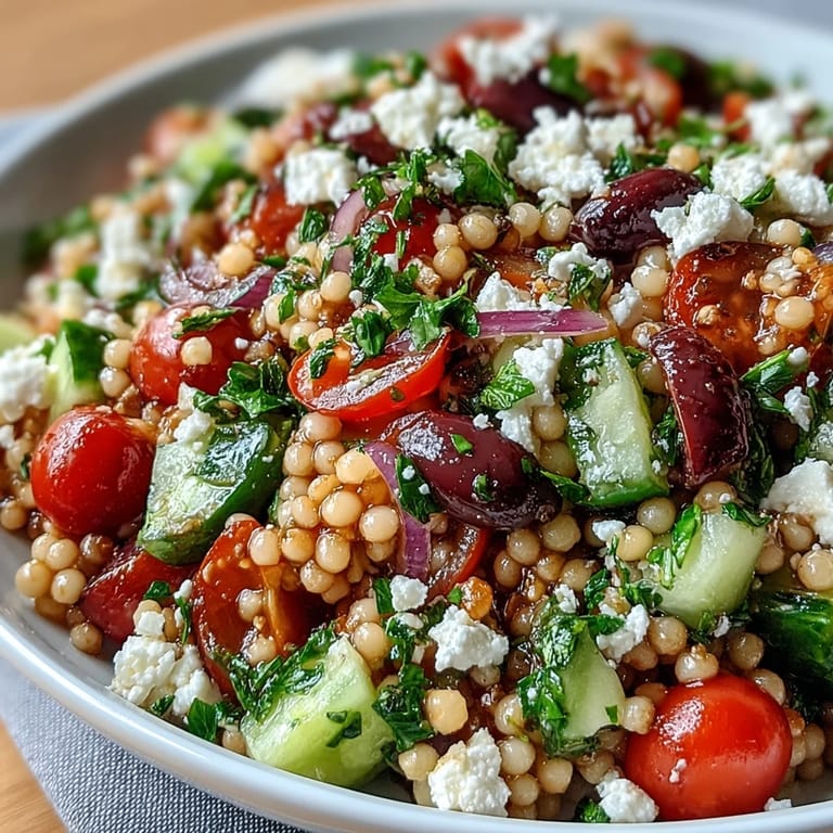 Freshly tossed Mediterranean Pearl Couscous topped with crumbled feta and chopped parsley, ready to serve as a vibrant vegetarian side dish.