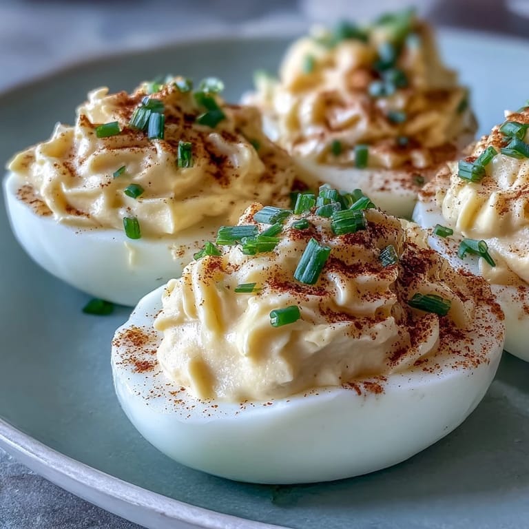 Brightly lit serving of Million Dollar Deviled Eggs with paprika and chive garnish for a potluck.
