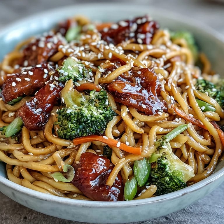 A vibrant serving of Asian teriyaki noodles with green onions, sesame seeds, and tender vegetables in a savory sauce, perfect for weeknights.