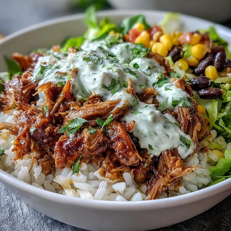 A close-up of a Carnitas Burrito Bowl highlighting juicy carnitas, lime crema drizzle, shredded lettuce, and colorful Mexican-inspired ingredients for a hearty gluten-free meal.