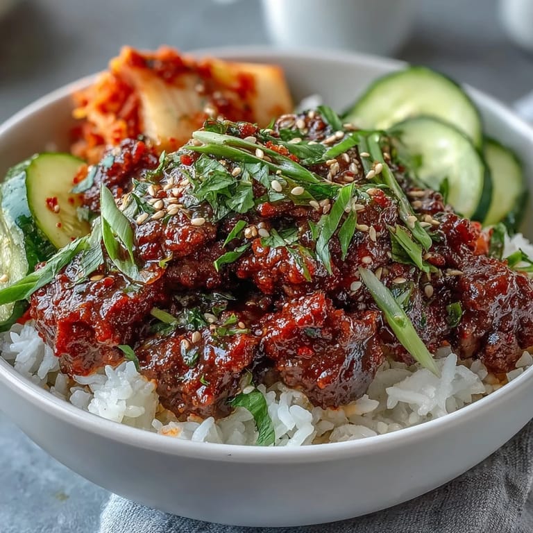 Spicy Korean Beef Bowl topped with crisp cucumber, radish, and tangy kimchi, ready to serve for dinner.