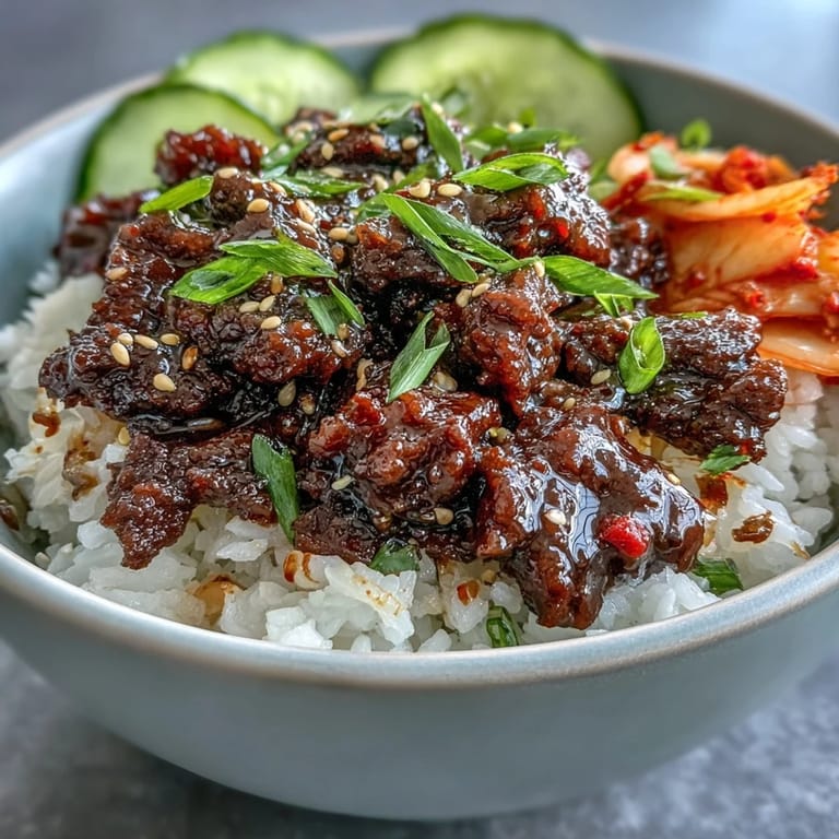 Garnished Korean Beef Bowl with sesame seeds and quick-pickled carrots, showcasing a delicious weeknight family meal.