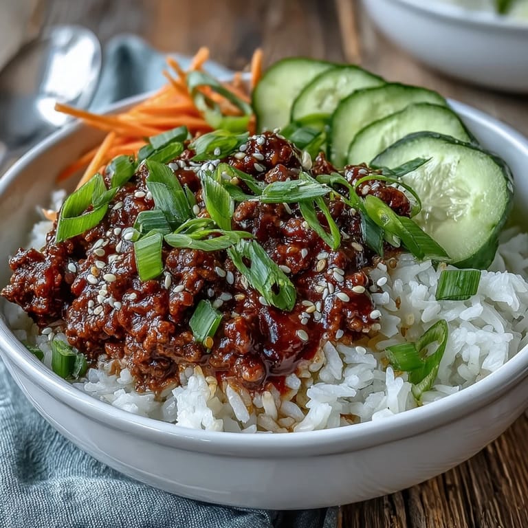 Easy Korean Beef Bowl served over fluffy white rice with green onions and sesame seeds.