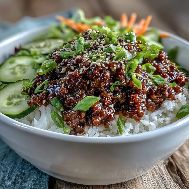 Sizzling ground beef in spicy gochujang sauce for Easy Korean Beef Bowl, ready to serve.