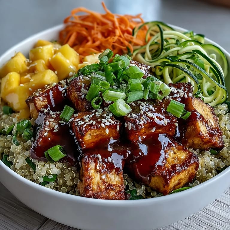 Spoonful of fluffy quinoa topped with tender tofu, crisp veggie noodles, juicy mango, and sesame seeds in a savory sauce.  
