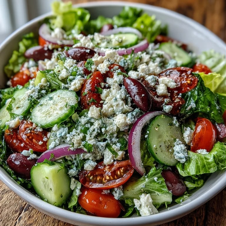 A fresh Greek Salad Bowl with crisp romaine, juicy tomatoes, and crunchy cucumbers, drizzled with tangy dressing.