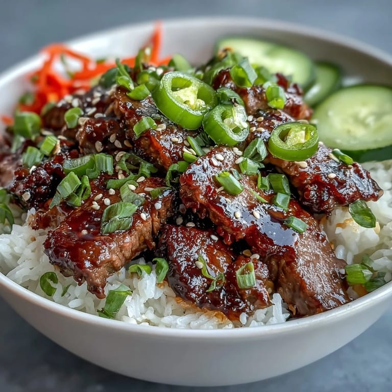 Close-up view of a Korean Beef Power Bowl featuring tender sesame-ginger beef, green onions, sesame seeds, and a creamy sriracha mayo drizzle.