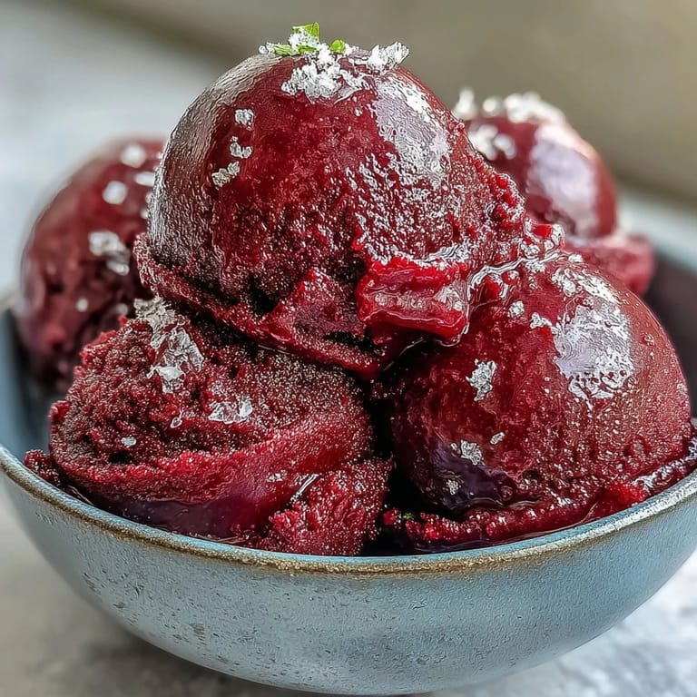 Freshly churned Black Currant Sorbet scoops served with lemon shortbread on the side.