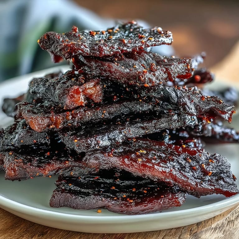 Freshly prepared Black Currant Smoky Jerky is arranged on a cooling rack, highlighting its deep mahogany color and deliciously chewy texture.