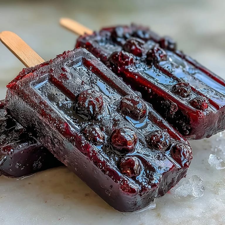 Six vibrant Black Currant Popsicles with wooden sticks, glistening with frost, ideal for cooling off on a hot summer afternoon.