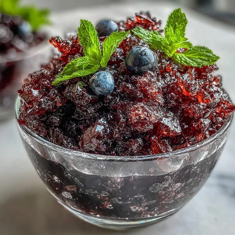 An overhead shot of homemade Black Currant Granita in a rustic bowl, with a serving spoon revealing the fluffy, crystalline texture of the frozen dessert.