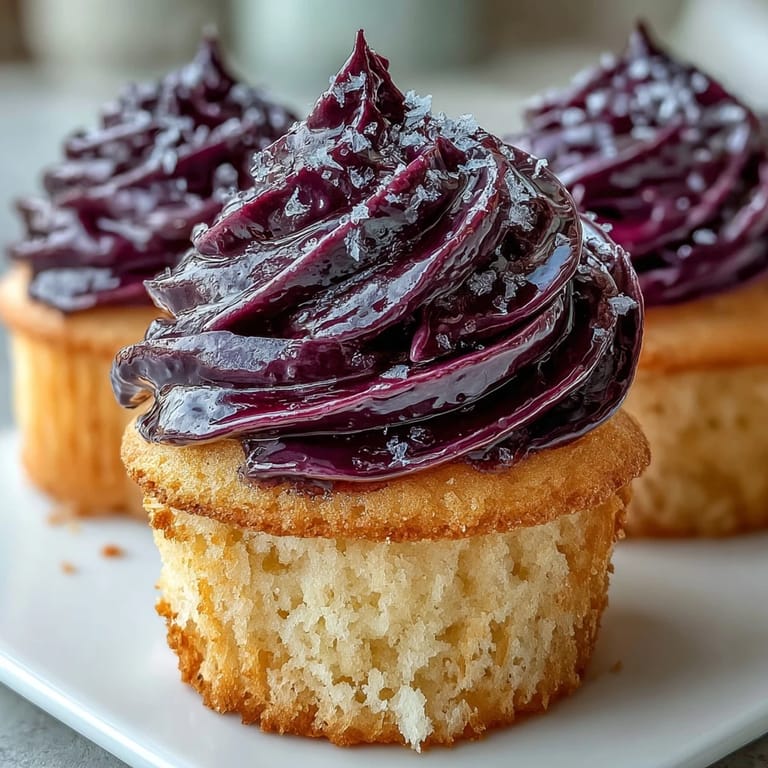 Moist olive oil cupcakes finished with rich black currant cream cheese frosting and fresh berries.