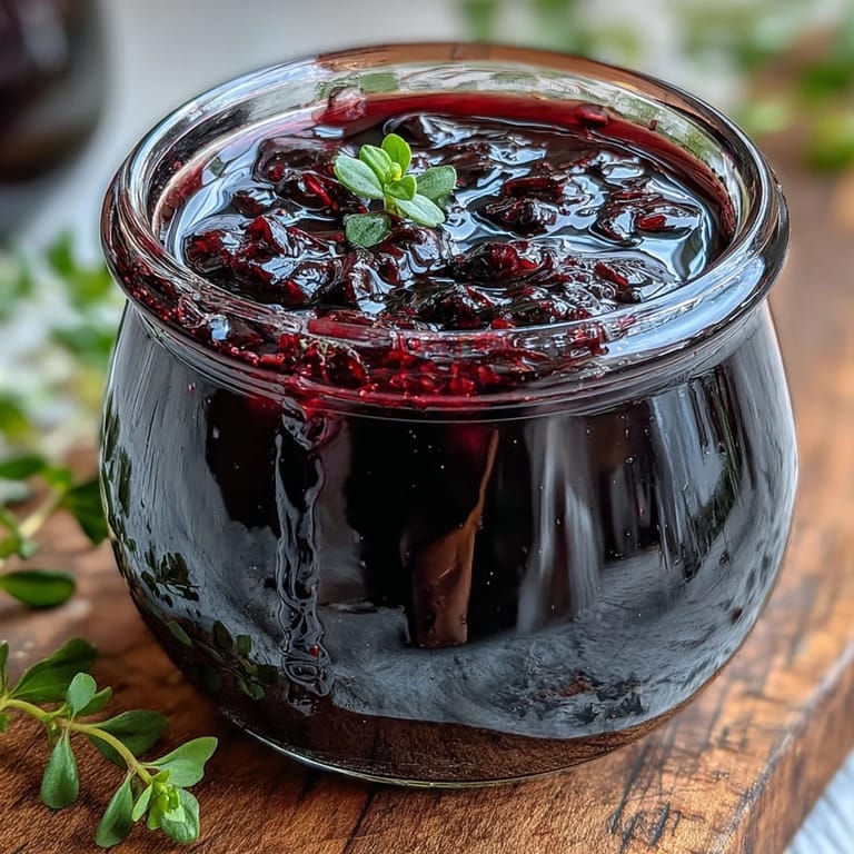 Close-up of Black Currant Vinaigrette being whisked in a bowl, showing its glossy, deep purple texture.