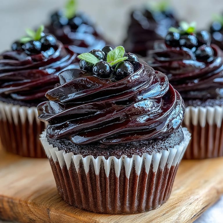 Close-up of a petit four garnished with fresh berries, showcasing the glossy finish of homemade Black Currant Frosting.