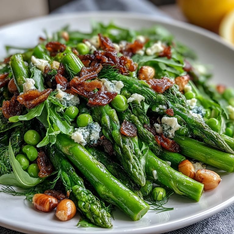 Shaved Asparagus and Pea Salad with Lemon Dressing: Vibrant asparagus and pea salad with arugula, lemon vinaigrette, and shaved Parmesan, perfect for a healthy vegetarian lunch.