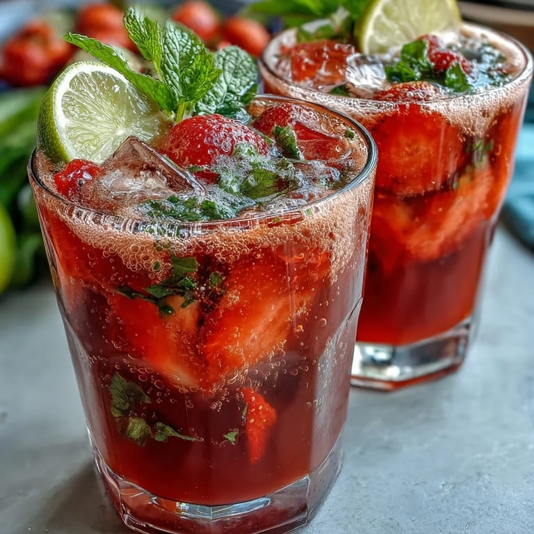 Refreshing strawberry lemon mocktail in a tall glass with ice, lemon slices, and vibrant red fruit floating on top.