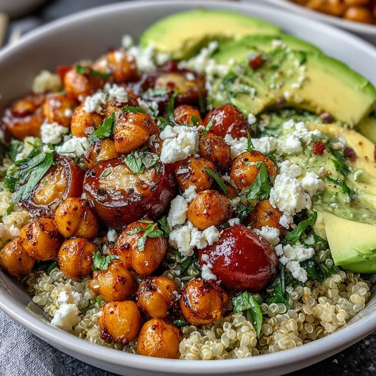 Colorful grain bowls topped with crispy roasted chickpeas, crisp vegetables, and tangy lemon dressing for a satisfying vegetarian lunch.  