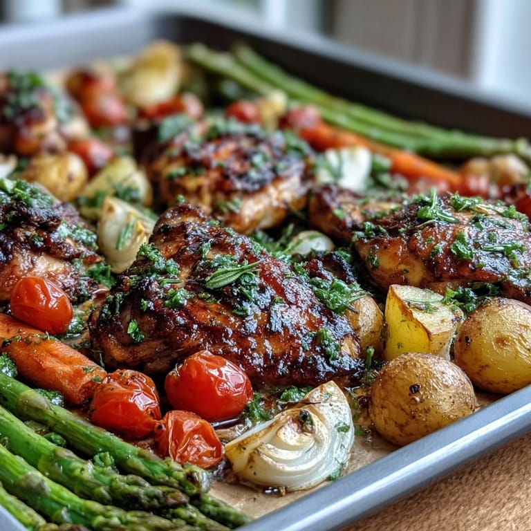 Wholesome sheet pan chicken dinner, tender chicken paired with fresh spring vegetables, drizzled with lemon-garlic marinade for bright flavor.  