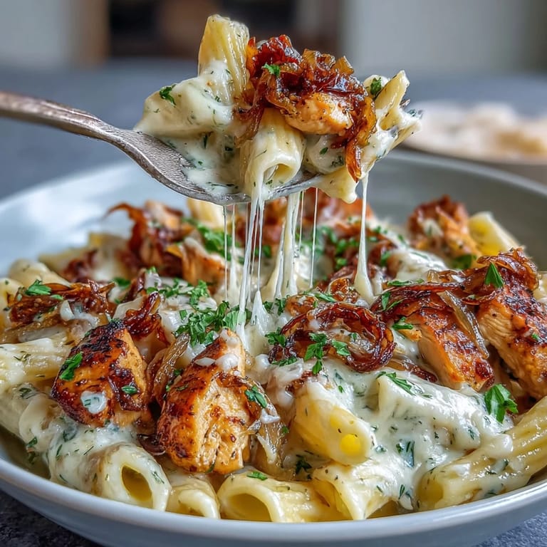 Savory French onion chicken pasta in a Dutch oven, featuring golden chicken, sweet onions, and gooey melted cheese.