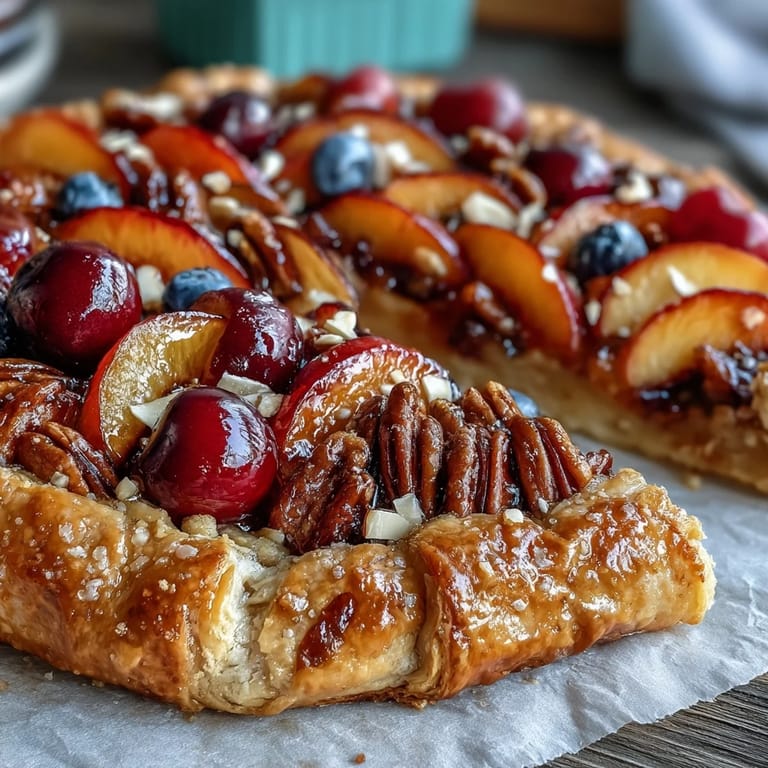 Rustic stone fruit galette with frangipane, featuring ripe peaches, plums, and cherries atop a buttery almond cream filling in golden pastry crust.