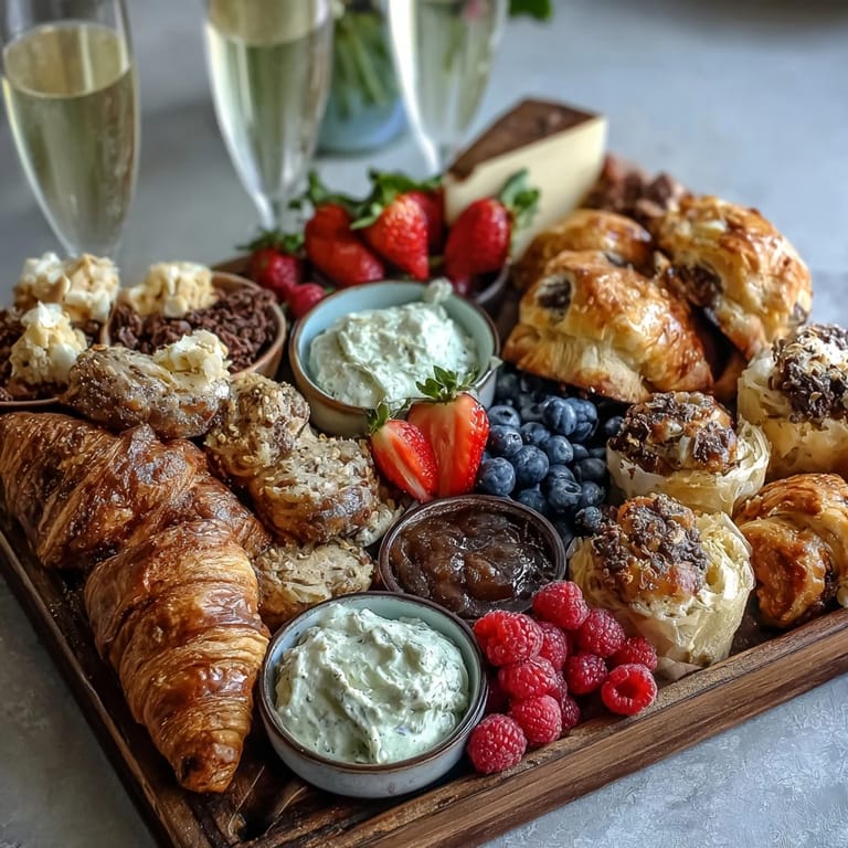 Colorful brunch spread featuring assorted pastries, juicy fruit, and champagne mimosas, perfect for a relaxed Mothers Day gathering.