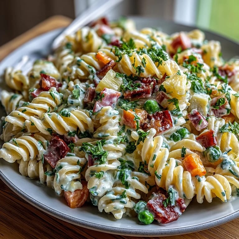 Refreshing Hawaiian-inspired pasta salad with ham, pineapple, and ranch, a vibrant side dish for any occasion.