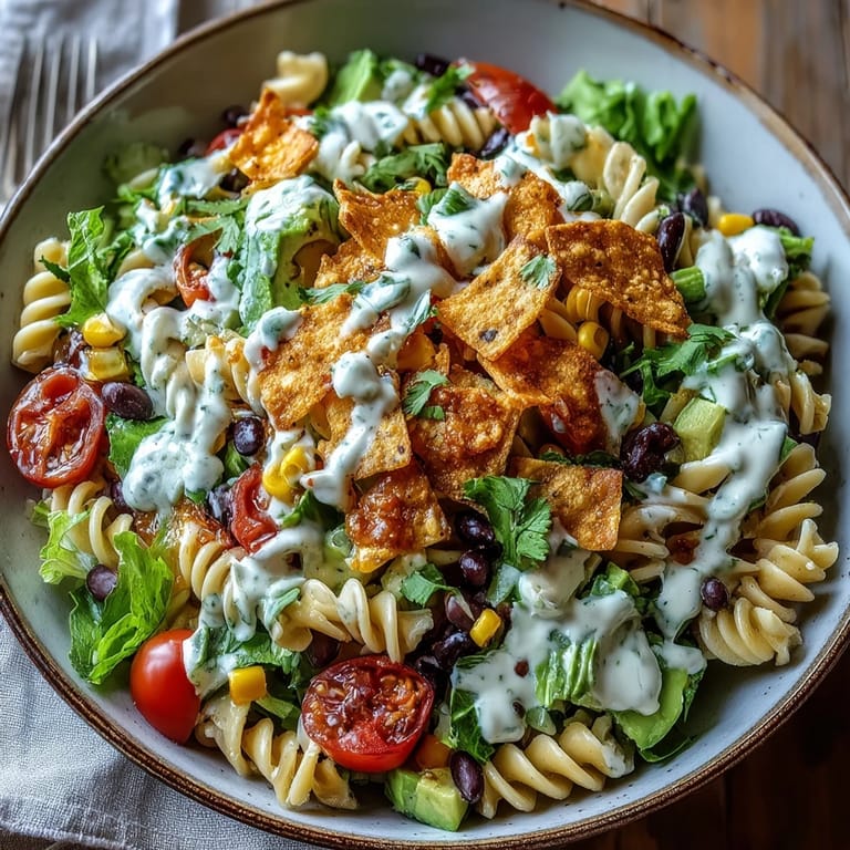 Colorful summer pasta salad featuring cherry tomatoes, red bell pepper, and cilantro, perfect for potlucks and casual gatherings.  