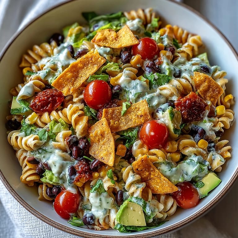 Creamy taco pasta salad with crunchy tortilla chips, diced avocado, and zesty lime dressing, a crowd-pleasing Tex-Mex side dish.