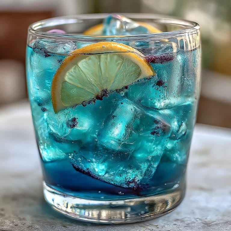 Magical butterfly pea flower lemonade transforms from deep blue to purple when citrus is added, served over ice with fresh lemon.