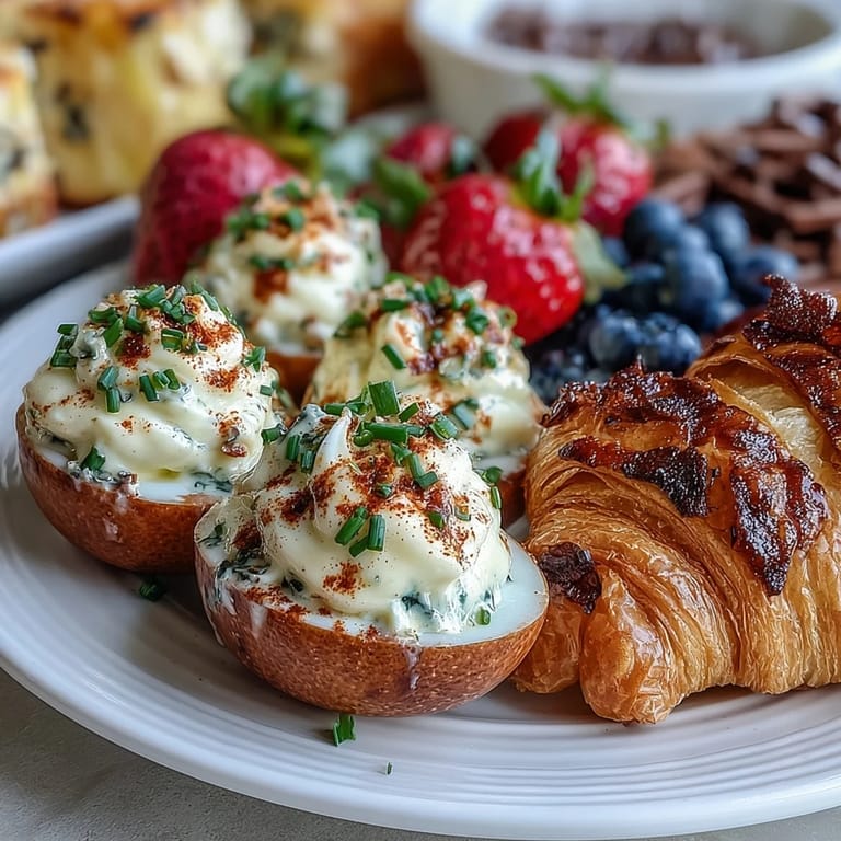Colorful Easter brunch board featuring deviled eggs, seasonal fruit, and assorted pastries, perfect for spring celebrations.