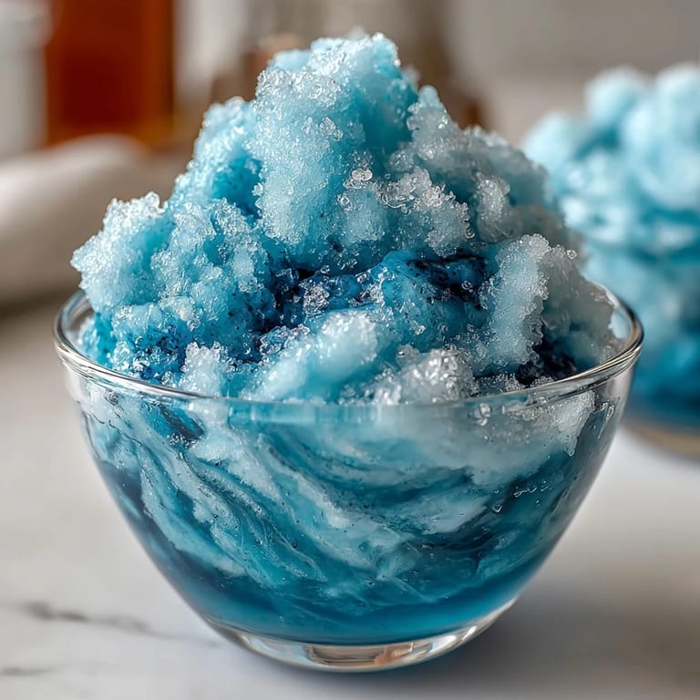 Bright blue slushie swirls in a glass, topped with mint leaves and lemon wedges, offering a cool, fruity escape from the heat.