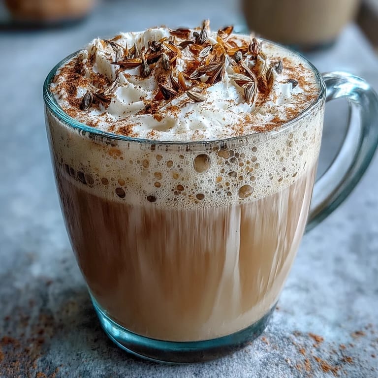 Warm vanilla dandelion latte with oat milk, a soothing caffeine-free beverage topped with cinnamon foam.