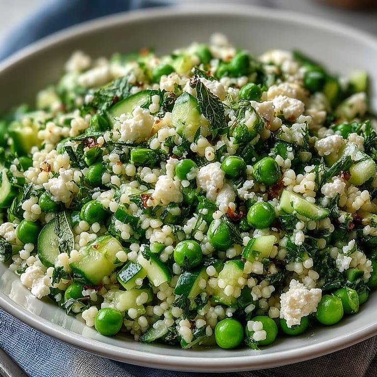 Fluffy couscous tossed with sweet peas, mint, and cucumbers, garnished with feta for a Mediterranean spring side dish.  