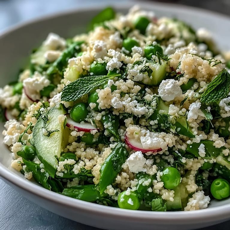 Refreshing Spring Pea and Mint Couscous Salad, perfect for Easter or light meals with bright flavors and fresh garden herbs.