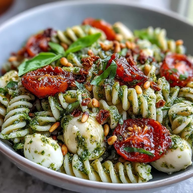 A colorful bowl of summer pasta salad with pesto, cherry tomatoes, and mozzarella, perfect for picnics or light lunches on warm days.