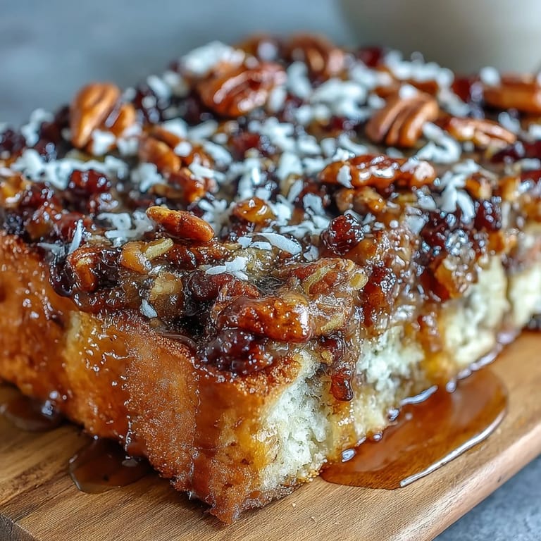 Warm capirotada mexicana served with coconut flakes and toasted nuts, offering a sweet and savory blend of traditional flavors.