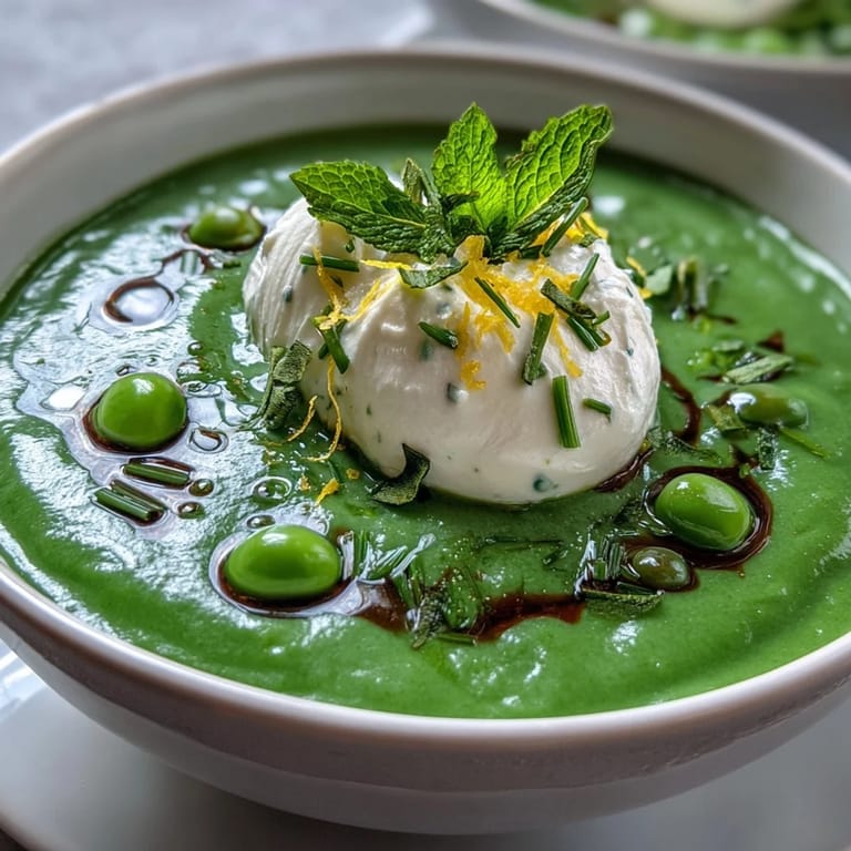 Bright spring pea soup swirled with airy ricotta and fresh mint oil.