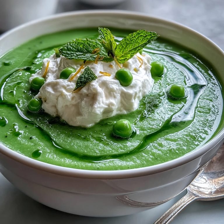 Delectable spring pea soup with dollops of lemon-kissed whipped ricotta.