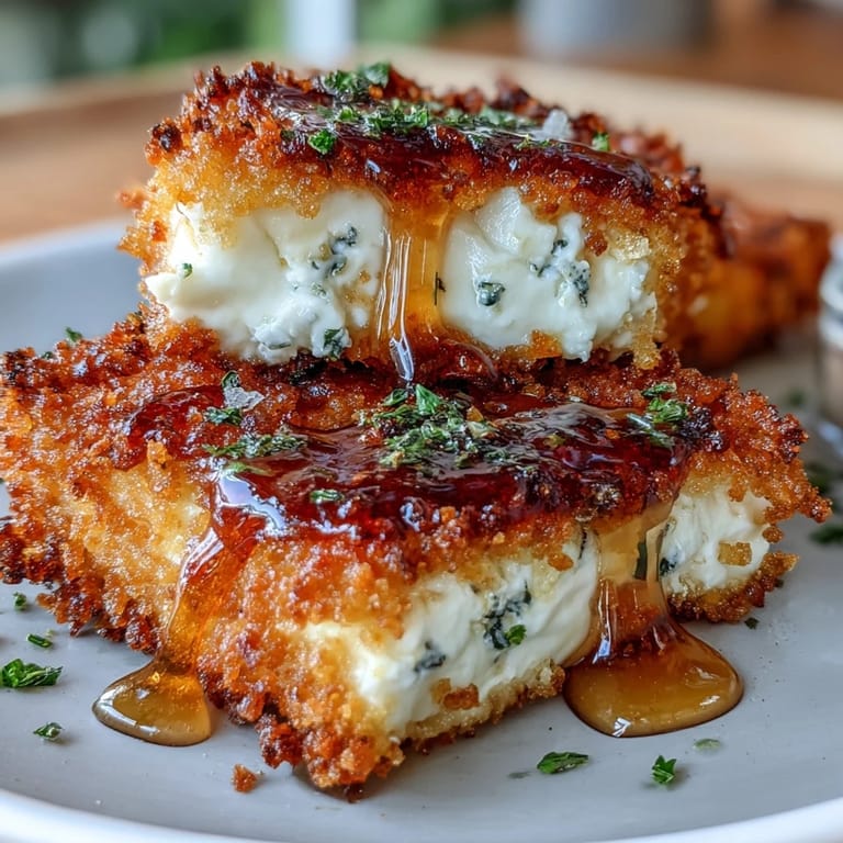 Baked panko feta, warm and salty, served with fresh herbs.