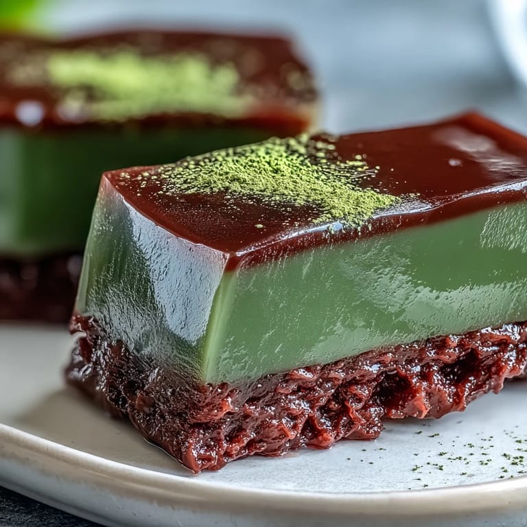 Delicious Yokan Japanese Red Bean Jelly with Matcha Layer, perfectly sliced and ready to enjoy.