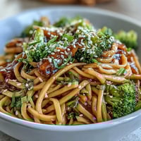 A close-up of an Asian teriyaki noodle bowl, featuring glossy noodles coated in sweet sauce alongside steamed broccoli, carrots, and sesame seeds.