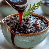 A spoon lifts glossy Black Currant and Rosemary Reduction, thick and deep purple, over roasted lamb.