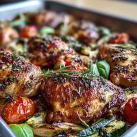 Sheet pan chicken with zucchini and cherry tomatoes, roasted to golden perfection and bursting with fresh spring flavors.