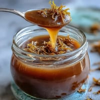 Bright, golden dandelion jelly with lemon zest and honey, perfect for spreading on warm toast or biscuits.